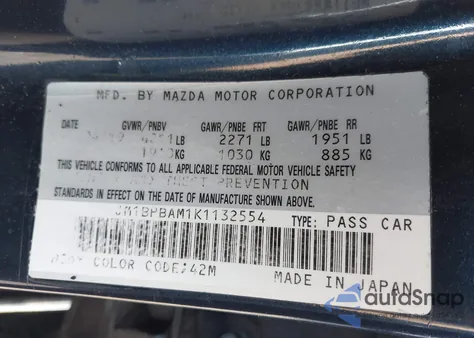 2019 Mazda Mazda3 Select Package z USA, uszkodzony, nr VIN JM1BPBAM1K1132554